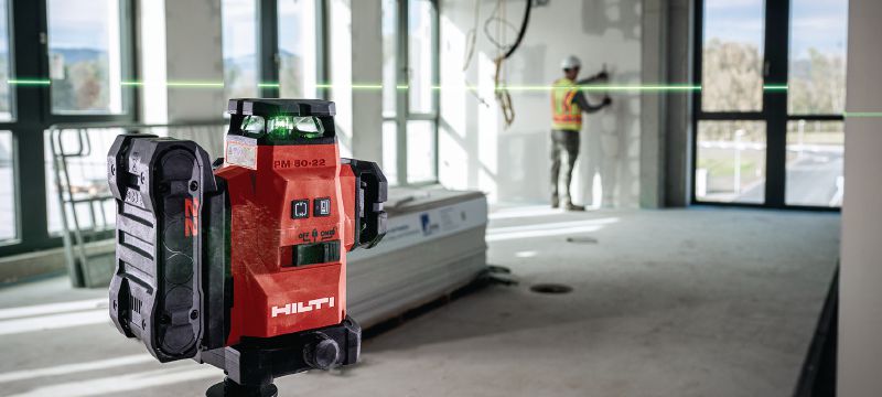 PM 50MG-22 multi-line laser High visibility self-levelling laser with 3 green 360° queues and 15+ hours of run time for leveling, aligning, squaring and plumbing (Nuron battery platform) Applications 1